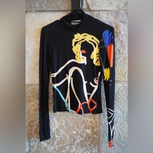 Alice + Olivia Black Multicolor Graphic Long Sleeve Top